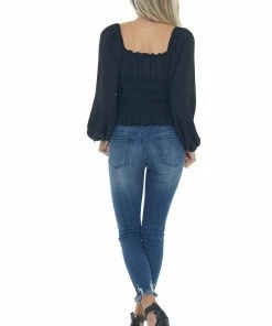 Entro Black Smocked Frill Puff Sleeve Bodysuit