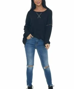 Now N Forever Tops Black Exposed Seam Ribbed Waffle Knit Top