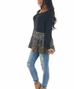 143 Story Charcoal Colorblock Drop Waist Long Sleeve Top