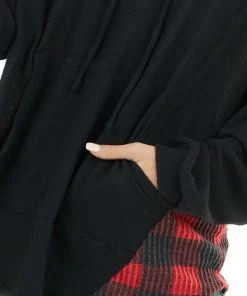 12PM Tops Ruby And Black Buffalo Plaid Hoodie With Working Tie Detail