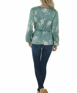 Vanilla Bay Deep Sage Floral Print Long Sleeve Peplum Top