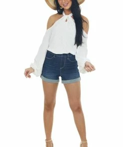 143 Story Ivory Swiss Dot Cold Shoulder Halter Blouse Tops