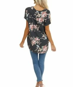 BOMBOM Tops Charcoal Floral Print Short Sleeve Top With Rounded Hemline 30 BOMBOM Tops Charcoal Floral Print Short Sleeve Top With Rounded Hemline