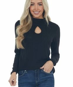 BiBi Black Mock Neck Long Sleeve Knit Top