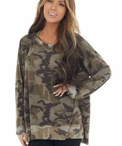 Jodifl Olive Camo Waffle Knit Long Sleeve Top With Side Slits Tops