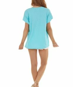 BiBi Tops Aqua Knit Top With Twisted Neck And Cuff 27 BiBi Tops Aqua Knit Top With Twisted Neck And Cuff