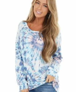 BiBi Tops Teal And Dusty Blue Tie Dye Pullover Top With Long Sleeves