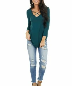 Lime 'N' Chili Pine Green 3/4 Sleeve Knit Top With Criss Cross Details 27 Lime 'N' Chili Pine Green 3/4 Sleeve Knit Top With Criss Cross Details