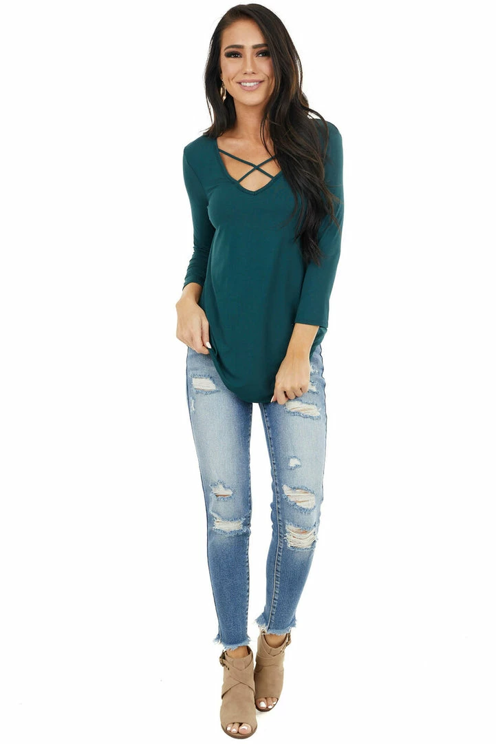 Lime 'N' Chili Pine Green 3/4 Sleeve Knit Top With Criss Cross Details 12 Lime 'N' Chili Pine Green 3/4 Sleeve Knit Top With Criss Cross Details