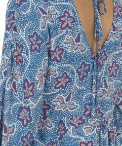 Andree Steel Blue Printed Puff Sleeve Babydoll Blouse Tops