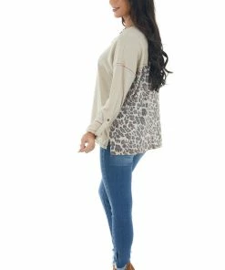 She + Sky Almond Long Sleeve Top With Leopard Print Back Tops 15 She + Sky Almond Long Sleeve Top With Leopard Print Back Tops