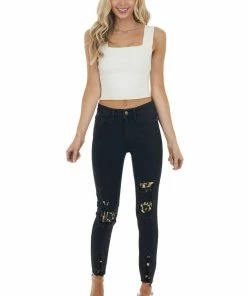 Judy Blue Bottoms Black Mid Rise Distressed Skinny Jeans With Leopard Patches