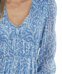 Umgee Rich Cobalt And Ivory Floral Long Sleeve Dress Dresses