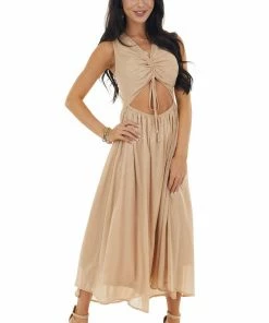 Entro Champagne Glitter Sleeveless Midi Woven Dress With Cut Out