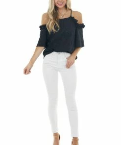 Davi & Dani Black Eyelet Lace Cold Shoulder Halter Neckline Blouse