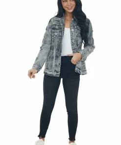 Shewin Black Acid Washed Distressed Denim Jacket