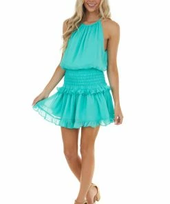 Do + Be Dresses Aquamarine Halter Mini Dress With Smocked Ruffle Detail