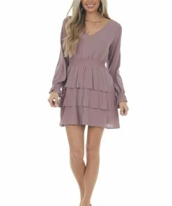 Peach Love Mauve Long Sleeve Tiered Mini Dress With Open Back