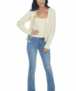 Miss Sparkling Cream Knit Crop Top And Cardigan Set Tops