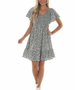 Jodifl Dresses Black Ditsy Floral Smocked Short Sleeve Dress