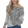 BiBi Ivory Stripe Top With Leopard Thermal Knit Detail