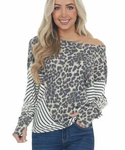 BiBi Ivory Stripe Top With Leopard Thermal Knit Detail