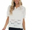 Umgee Tops Off White Split Neck Blouse With Eyelet Lace