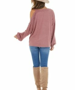 La Miel Mauve Cold Shoulder Long Sleeve Top With Raw Seam Detail Tops