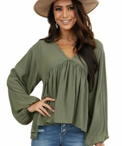 Umgee Tops Faded Olive Drop Waist Top With Tied Back And Bubble Sleeves