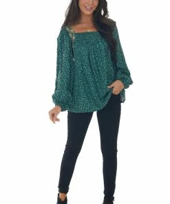 Hailey & Co Juniper Green Animal Print Embroidered Blouse