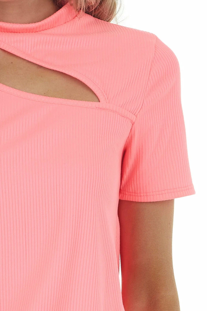 BiBi Neon Pink Ribbed Short Sleeve Knit Top With Cut Out Detail 18 BiBi Neon Pink Ribbed Short Sleeve Knit Top With Cut Out Detail