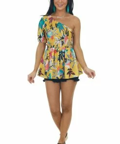 Jodifl Mustard Multi Floral One Shoulder Smocked Top 25 Jodifl Mustard Multi Floral One Shoulder Smocked Top