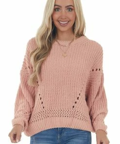 Charlotte Avery Peach Chenille Bubble Sleeve Cut Out Sweater