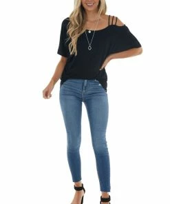 BiBi Black Cold Strapped Shoulder Soft Knit Short Sleeve Top Tops