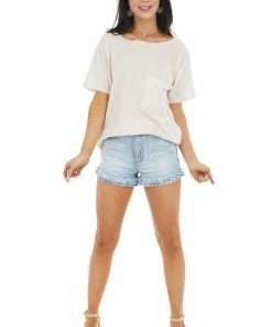 BiBi Tops Blush Two Tone Short Sleeve Knit Top With Raw Details 32 BiBi Tops Blush Two Tone Short Sleeve Knit Top With Raw Details