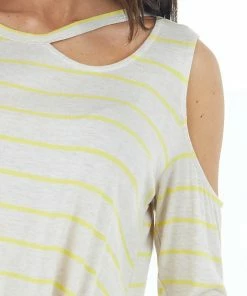 143 Story Tops Oatmeal And Lemon Striped Cold Shoulder Top With Cutout Neck
