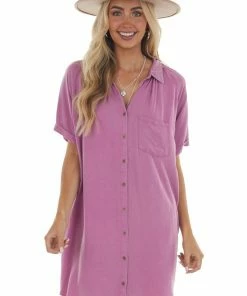 Eesome Dresses Fuchsia Mineral Wash Button Front Shirt Dress