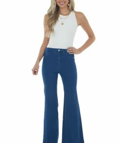 Flying Tomato Dark Wash High Rise Frayed Hem Flare Jeans