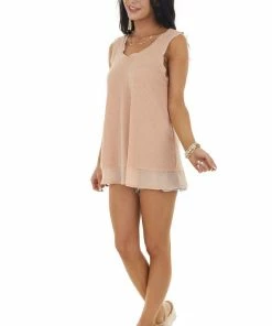 Doe & Rae Apricot Waffle Knit Tank With Sheer Detail 16 Doe & Rae Apricot Waffle Knit Tank With Sheer Detail