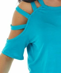 BiBi Tops Vivid Sea Blue One Caged Sleeve Soft Short Sleeve Knit Top