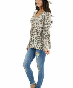 BiBi Cream And Charcoal Leopard Print Long Sleeve Babydoll Top Tops