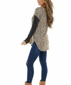 RAE MODE Tops Charcoal Multicolored Leopard Print Long Sleeve Knit Top