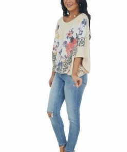 143 Story Tops Latte Multiprint Chevron Colorblock Dolman Sleeve Knit Top