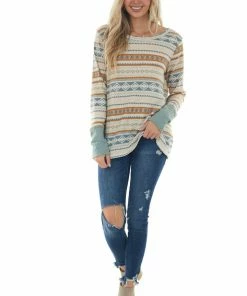 BiBi Steel Blue And Tawny Aztec Long Sleeve Top