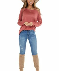 BiBi Marsala Long Sleeve Knit Top With Ladder Detail Tops