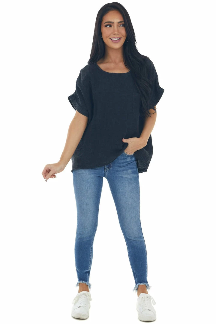 Umgee Tops Charcoal Mineral Washed Top With Chest Pocket 10 Umgee Tops Charcoal Mineral Washed Top With Chest Pocket