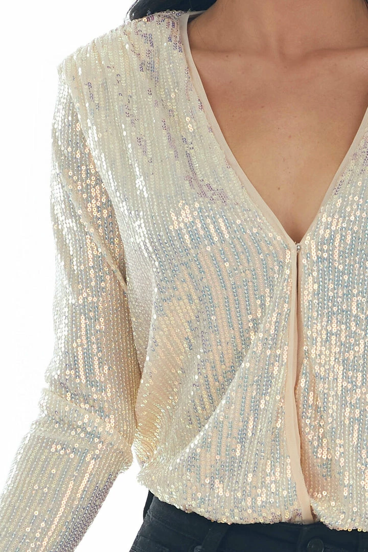 Lush Clothing Champagne Sequined Bodysuit With Shoulder Pads 6 Lush Clothing Champagne Sequined Bodysuit With Shoulder Pads