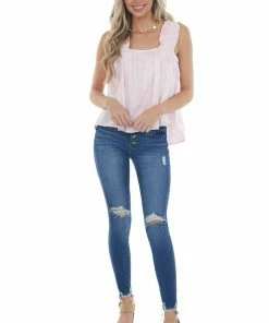 Umgee Tops Light Pink Acid Wash Tank With Ruffled Straps