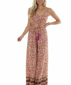 Entro Peach Ditsy Floral Wide Leg Cut Out Jumpsuit