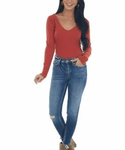Heart & Hips Rust Stretchy Ribbed V Neck Fitted Bodysuit Tops 26 Heart & Hips Rust Stretchy Ribbed V Neck Fitted Bodysuit Tops